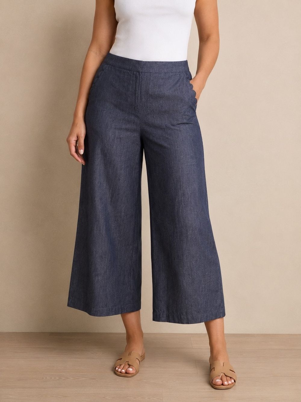 Kika Vargas Wide Leg Cropped Pants Size 14 Blue Chambray Career Lightweight